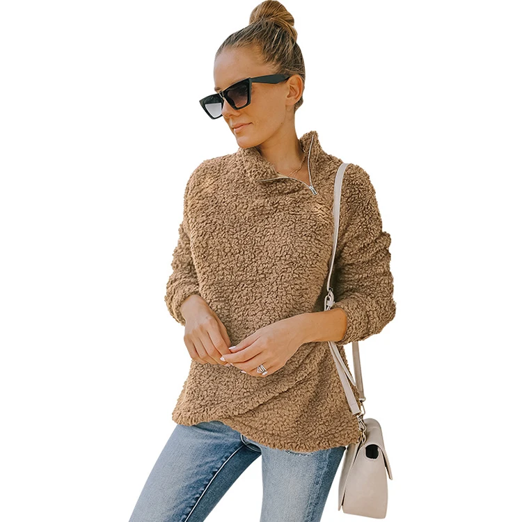 Custom Casual Women Sweaters Zipper Turtleneck Irregular Hem Pullover Double Sided Fleece Female Tops Jumper