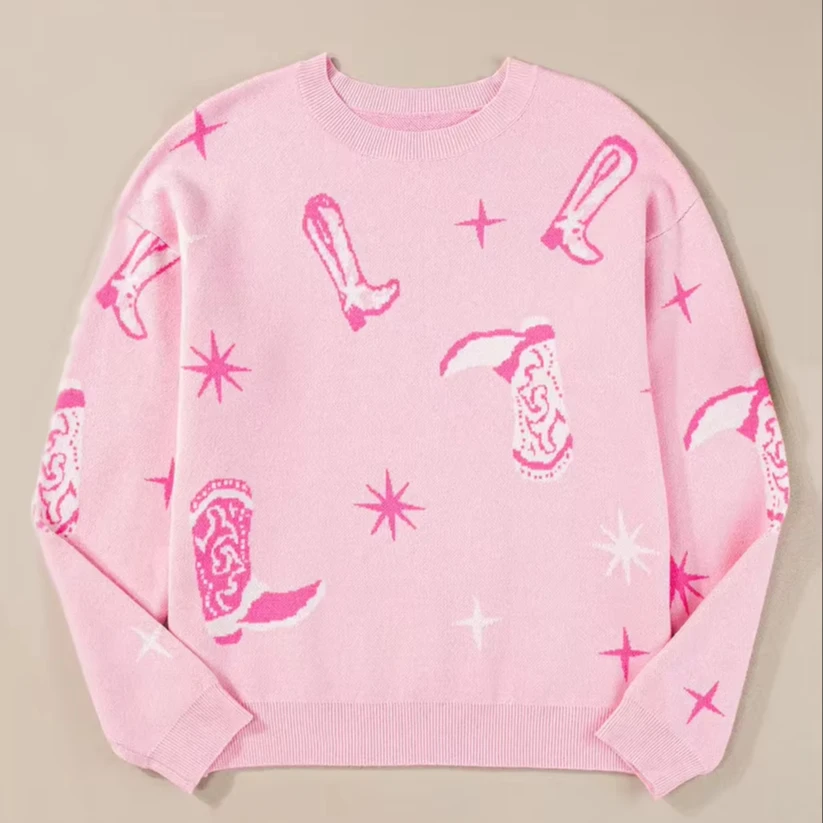 Fashionable Boutique Sweater with Pink Boots Star Print Round Neck Style Modern jacquard cartoon design knit sweater autumn
