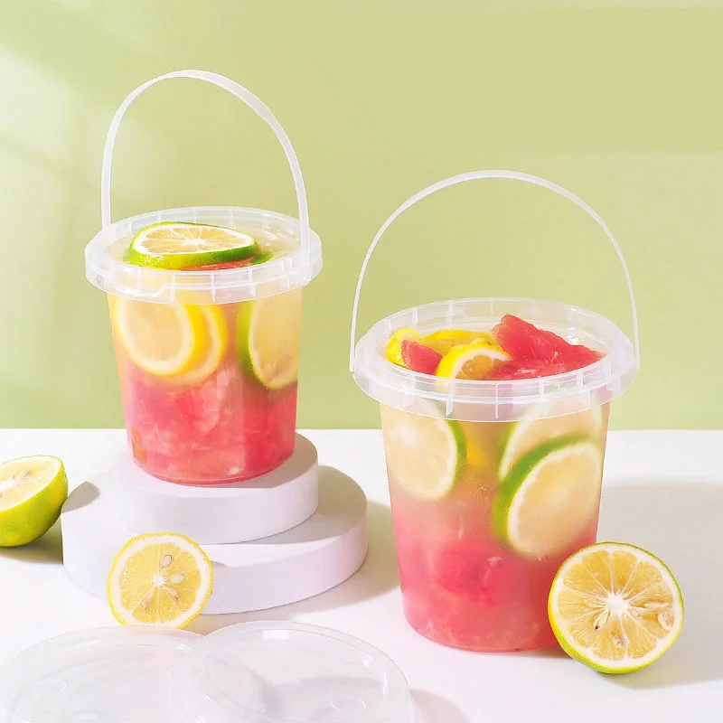 Custom Logo Printed Disposable PP Clear Party Bucket 500ml 700ml 1000ml Plastic Cup with Handle and Lid for Tea Juice Milk