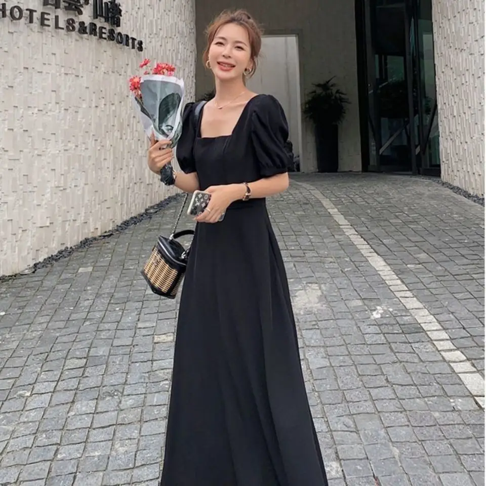 
Dress Womens Chic Vintage Black High Waist Square Collar Puff Sleeve Bow A-line Classy Retro Elegant French Female Clothing New 