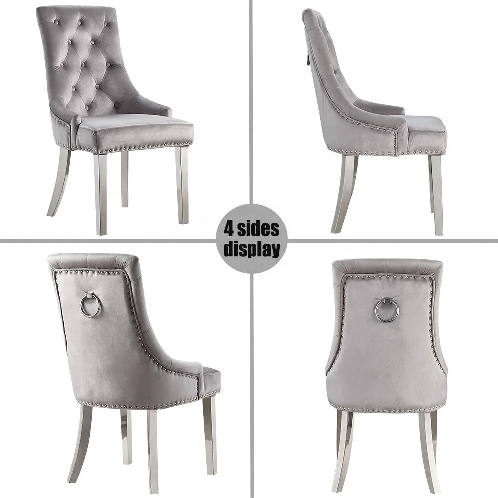 Nordic ring knocker dining stackable chair french Button Back Grey Velvet fabric stainless steel metal restaurant Dining Chair