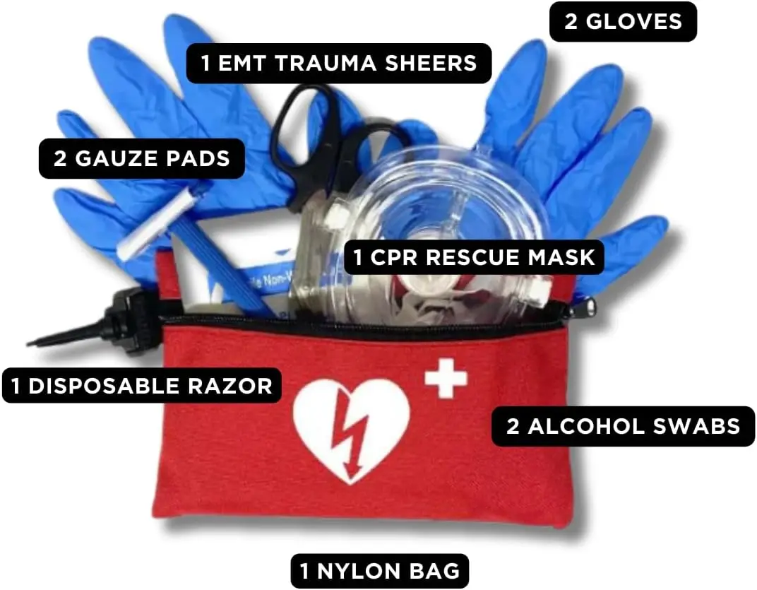 AED First Responder training Kit with CPR, Gloves, Razor, Scissors, Gauze Pads, and Cleansing Wipes for AED