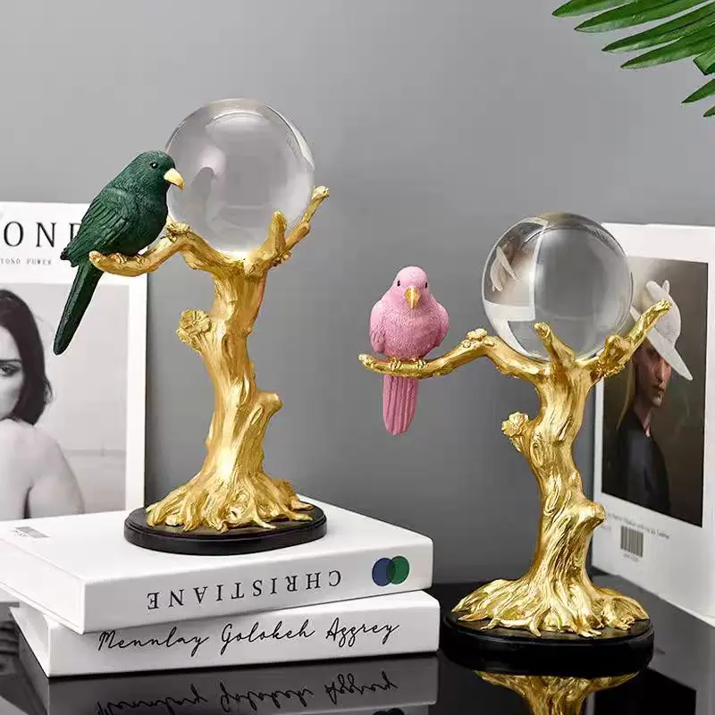Nordic Style Light Luxury Resin Bird Golden Tree Creative Crystal Ball Home Decoration for Living Room Office Table Craft Use