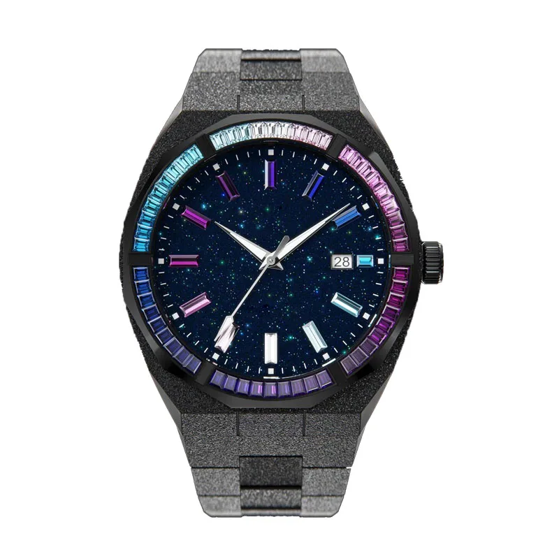 Custom logo Luxury Date function Japan rainbow stone bezel start dust frosted men automatic Mechanical watch