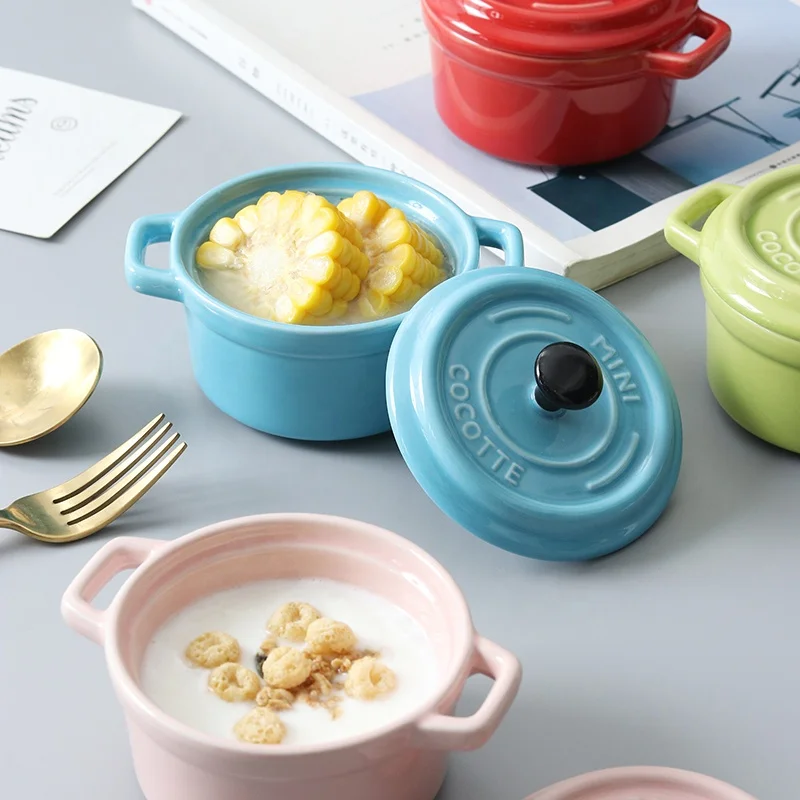 drop shipping Mini Stock baking stoneware casserole ceramic cocotte cheap ceramic bowl with lid baking mini pot