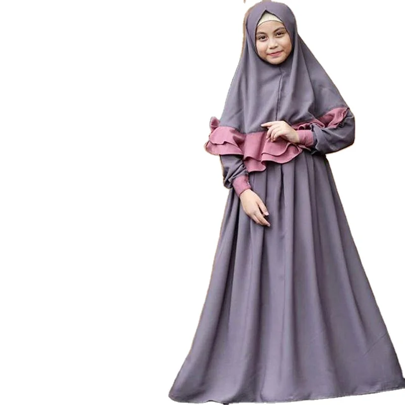 Hot Selling EID Islamic Kids Dress Long Sleeve Lace Hijab Abaya Sets Girls Muslim Kids Dress