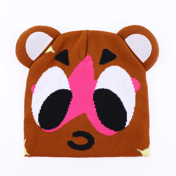 Qianzun Manufacturer Costom Jacquard Animal Kinds Toque Cuffless Cotton Soft Beanie With Ear