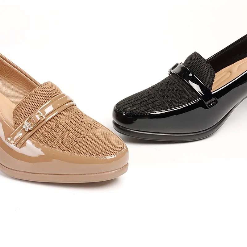 Mirror Shine Finish Patchwork Fly Knit Shoes Women Heels Flower Metal Buckle Ladies Dress Shoes Hotel Formal Ladies Office Shoes