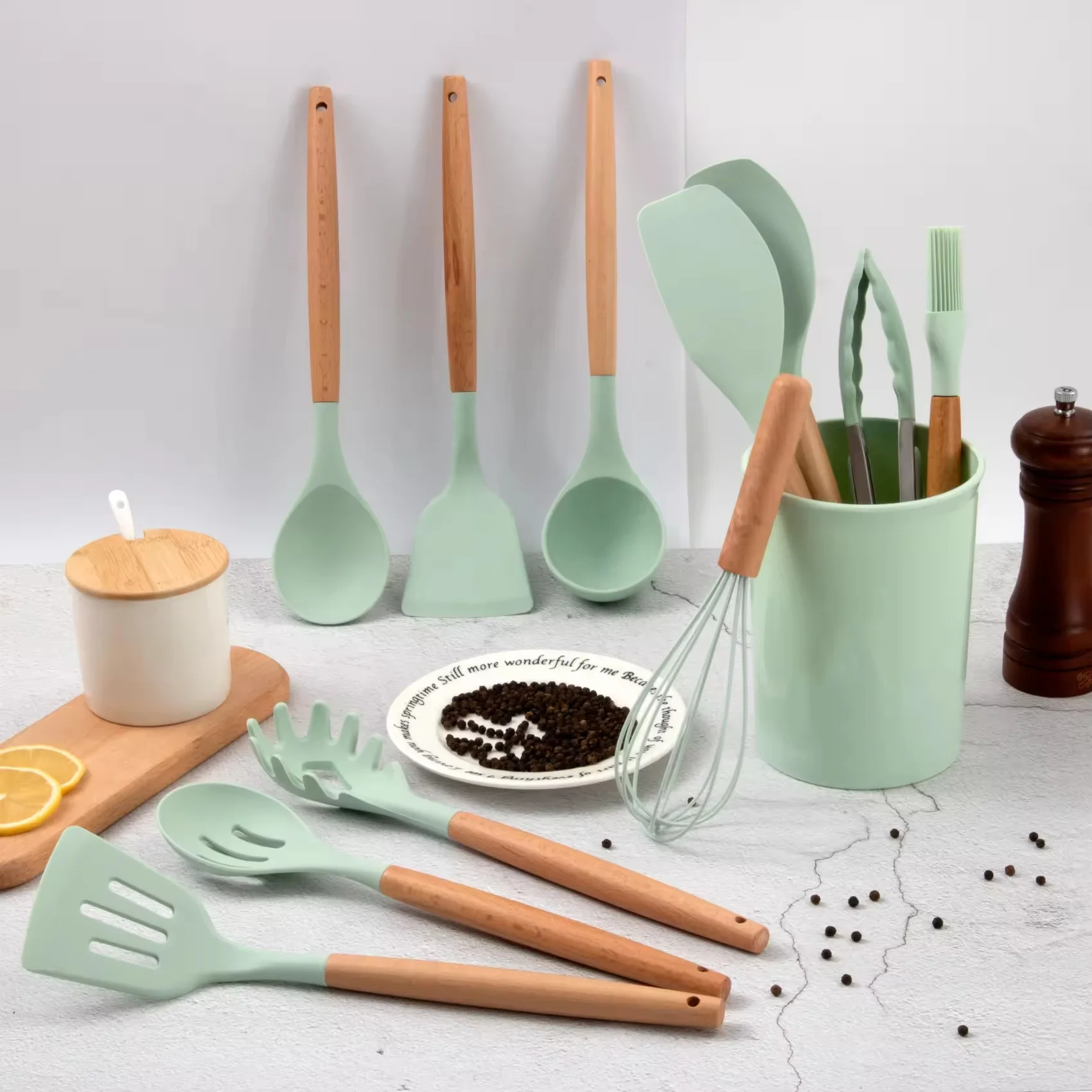 Complete Kitchen Utensil Set 12 Piece Non-Stick Cooking Silicone Kitchenware Kit kitchen utensils Wooden Handle