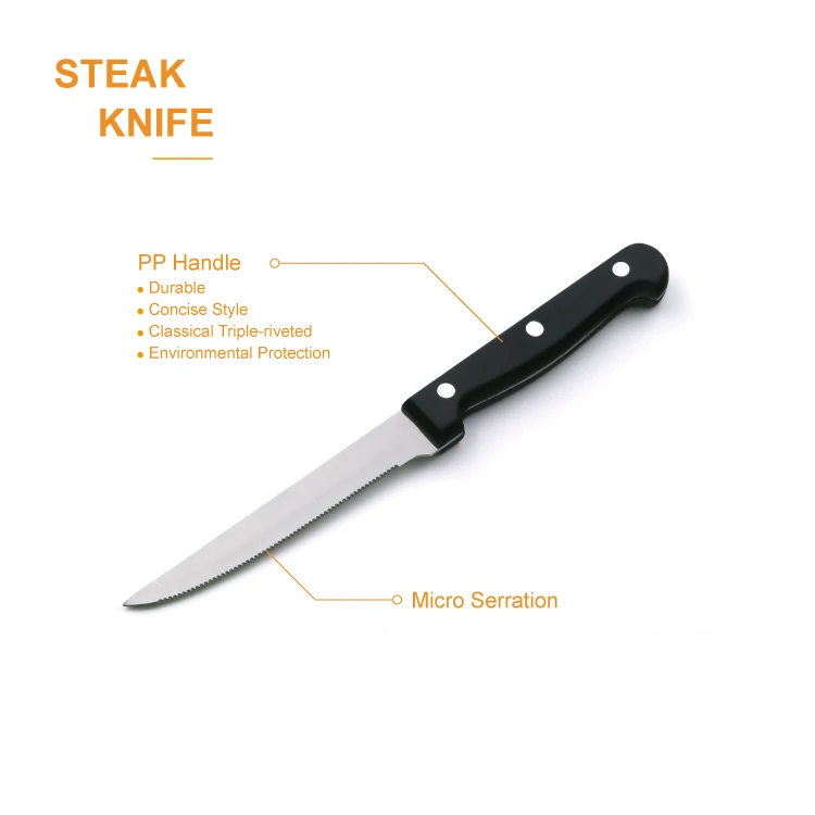 Serrated Steak Knife with Black PP Handle Table Knife Stainless Steel Hot Sale 4.5 Inch Metal Sustainable Steak Knives 8 Set