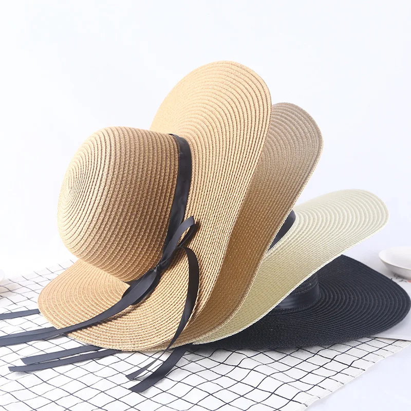 Cheap  Wholesale Broad Brim Beach Hat Adults Women Sun Paper Summer Straw Women Floppy Straw Hats