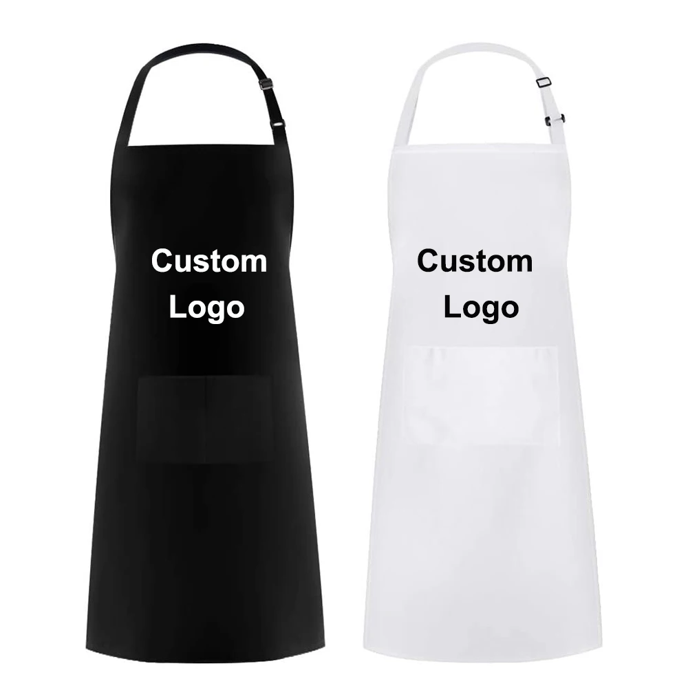 Оптовая продажа, черный водонепроницаемый нагрудник из хлопка и полиэстера с логотипом на заказ для шеф-повара, кафе, барбекю, еды, приготовления пищи, фартуки, кухонный фартук