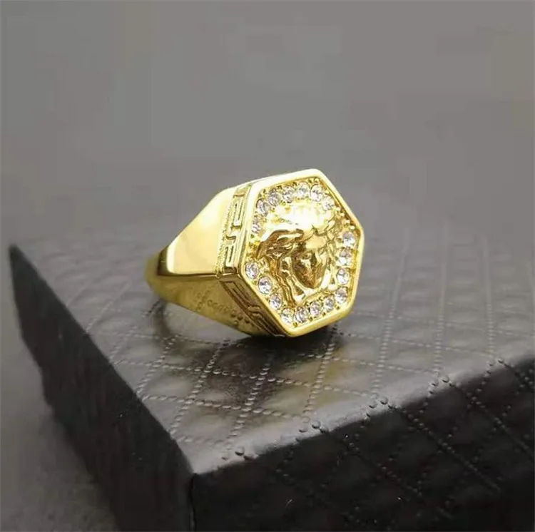 Luxury Brand Customize Ancient Greek Myth Snakes Ring 18K Gold Plated Titanium Steel Hexagonal Diamond Medusa Punk