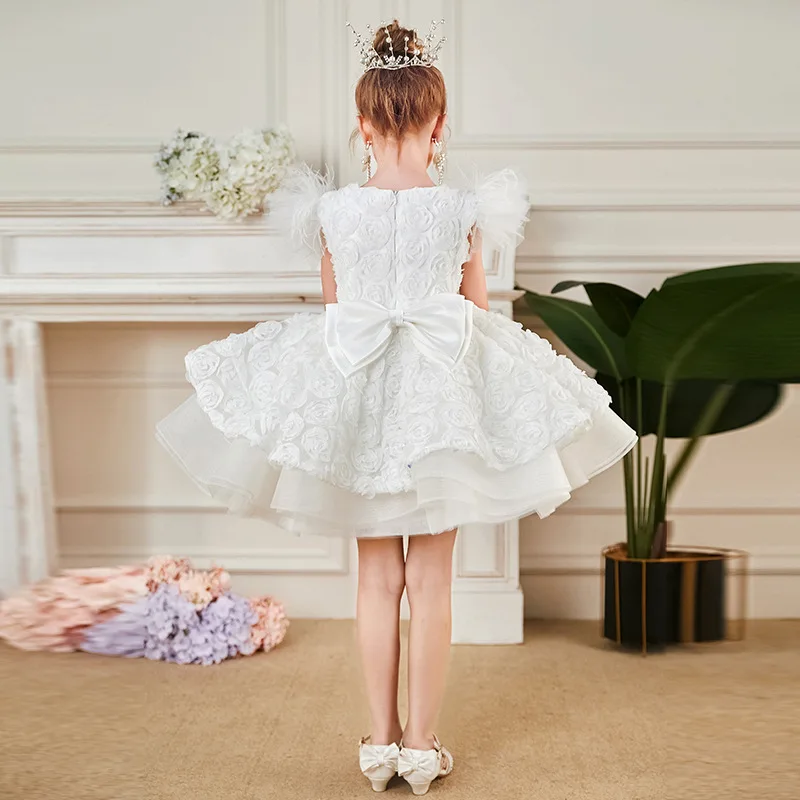 2024 Newest Princess White Ball Gown Stereoscopic Rose Fairy Girls Host Piano Performance Birthday Party Elegant Puffy Dresses