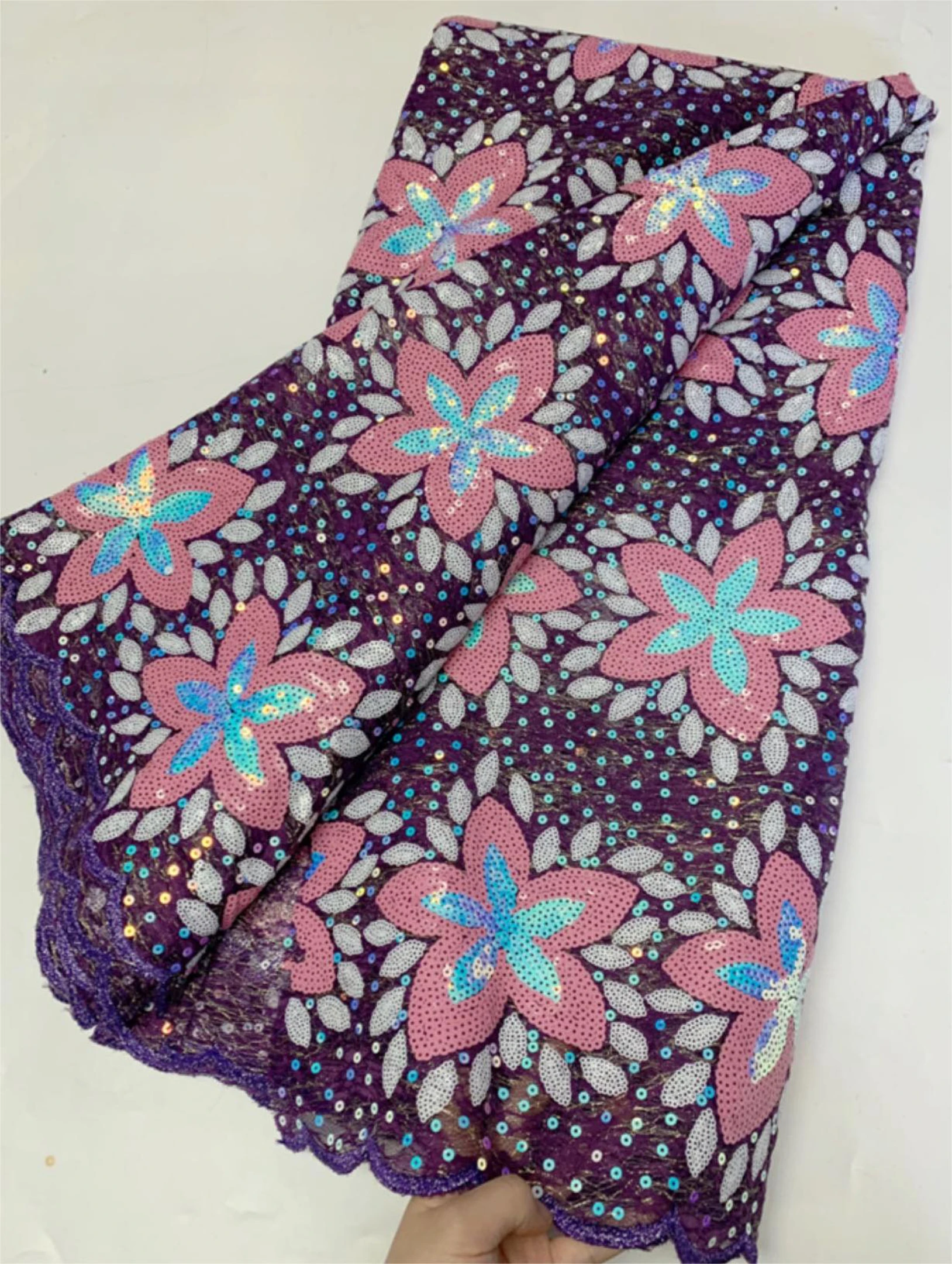 OK6095 Wholesale Price Sequins  Evening Lace Fabric Double  Net Embroidery African Lace Fabric for Women