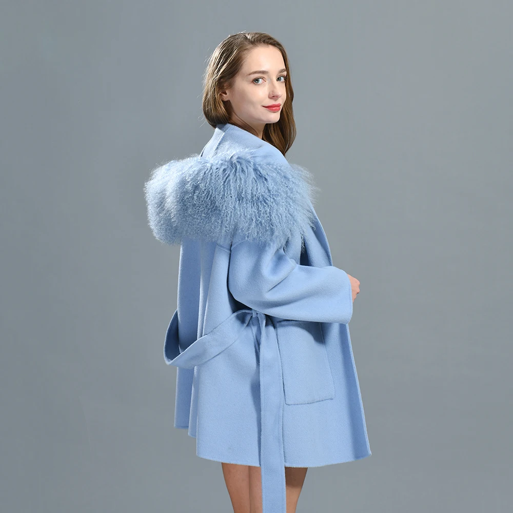 New Trending Fashion Winter Plus Size Wool Cashmere Mongolian Fur Coat Women Cashmere Coat Fur Collar