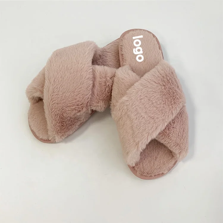Best price wholesale cross strap ladies fur slipper warm shoes indoor open toe casual flat fur slipper shoes for women