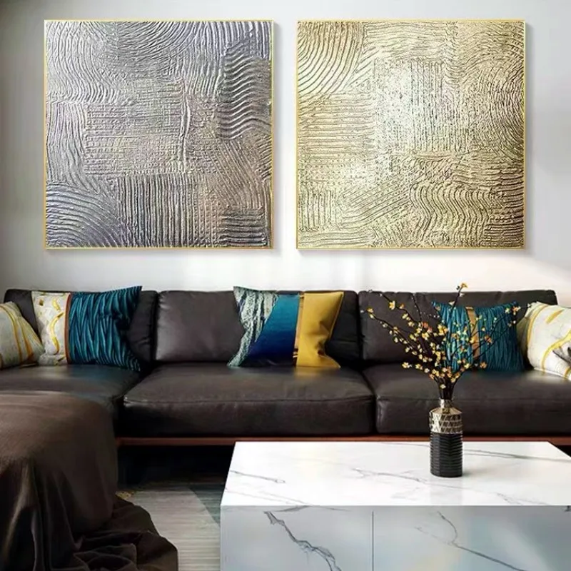 Wall Art Living Room Embellished Hand Metallic Gold Silver Canvas Home Accent Glitter Abstract Bathroom Bedroom Decor Painting