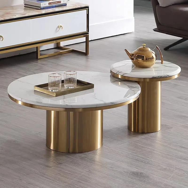 OEM Manufacture Contemporary Round Nesting Coffee Table Bent  Gold Metal Side Glass Marble Stone Coffee Table Set Nesting Table