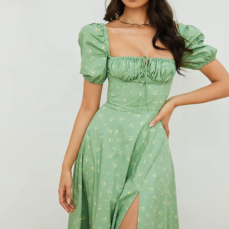 Weixin Women Clothing Professional Custom Olive Floral Puff Sleeve Girls Long Trendingdesign Midi Dress