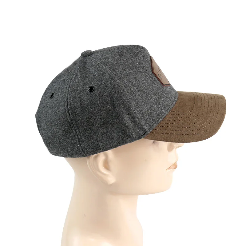 HS37 Wholesale wool felt baseball dad camper cap hat suede brim 5 panel blank sports wool baseball cap hat for men