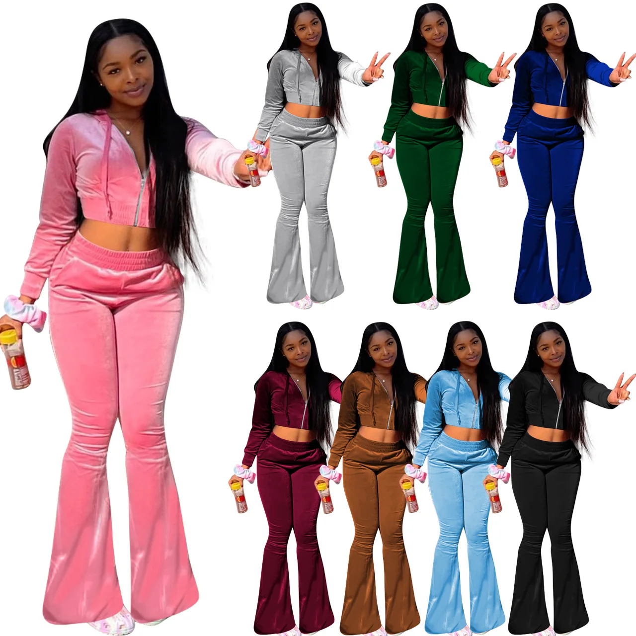 2021 HS New Arrial Fall Winter Sweatsuit Womens Hoodie Set Fleece Velvet Two Piece Velvet Tracksuit Zip Coat Bell-bottomed Pants