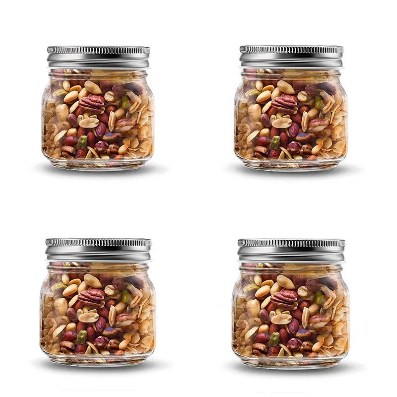 Glass Storage Canning Mason Jars Set Canister with Silver 4 Pack 8oz Kitchen Metal Multifunction Stainless Steel Transparent