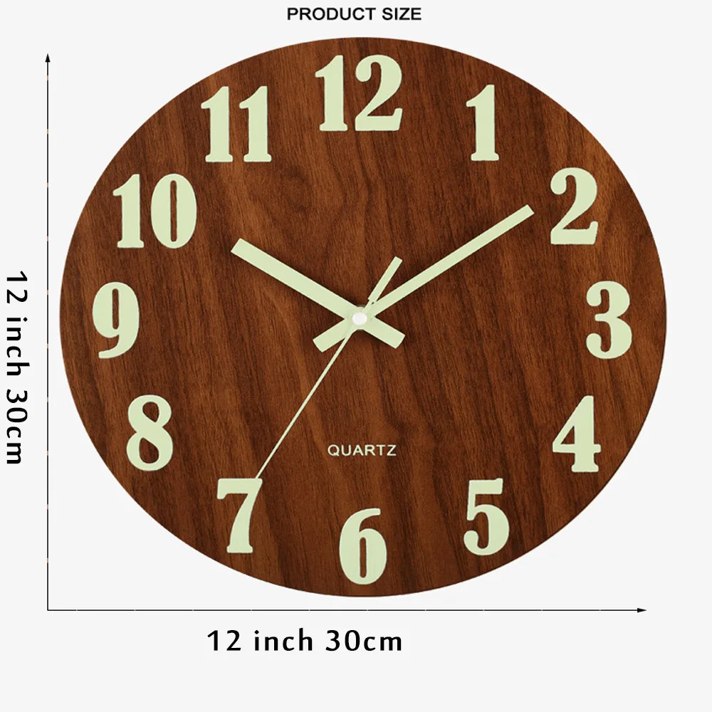 1pc 12 inch wooden luminous wall clock mute clock MDF wood grain creative luminous fluorescent clock