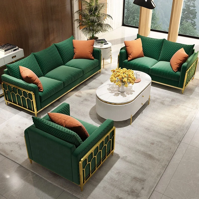 European-Style Green Golden Steel Couch with Solid Wood Frame Velvet Fabric Sofa Set for Home Office School Manufacturer