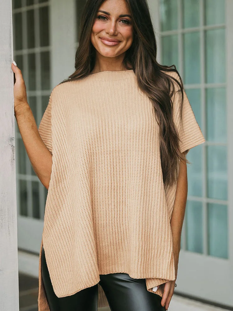 Women Fashion Apricot Short Sleeve Side Slit Oversized Sweater