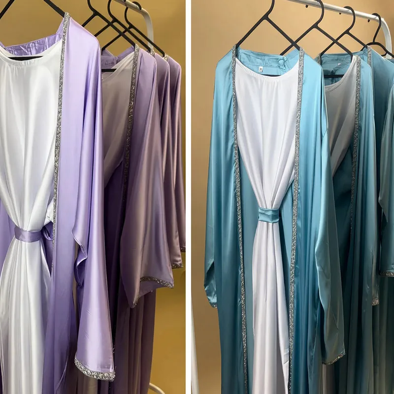 2024 OEM Designs Eid Dubai Islamic Elegant Modest Open Abaya Inner Slip Dress Set Diamond Satin Silk Abaya Women Muslim Dress