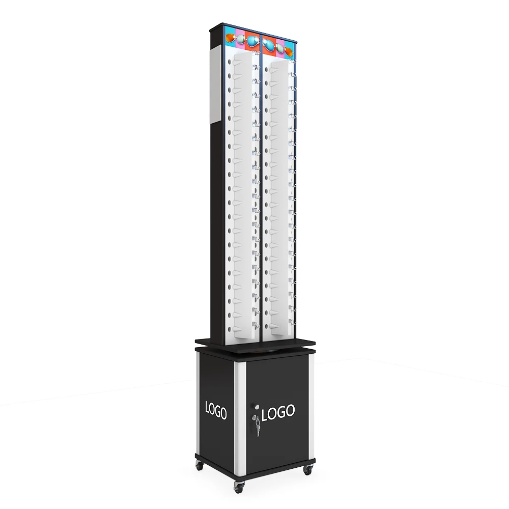 Latest brand shop lock key metal white mobile rotating sunglasses display stand store spin show case