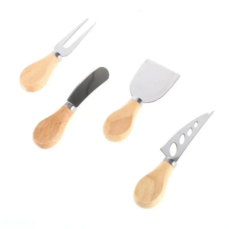 Set Of 4 Cheese Knives Oak Bamboo Wood Handle Slicer Kit Knifes Kitchen Wooden Handle Cheese Knife Set