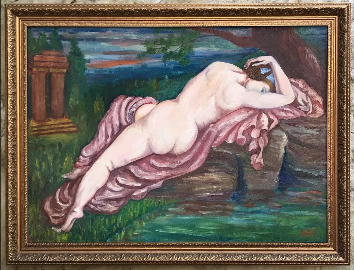 Vintage Handmade Original Nude Naive Evening Fat Woman Girl Erotic Landscape Trees Oil Painting for Home Hotel Wall Art Decor