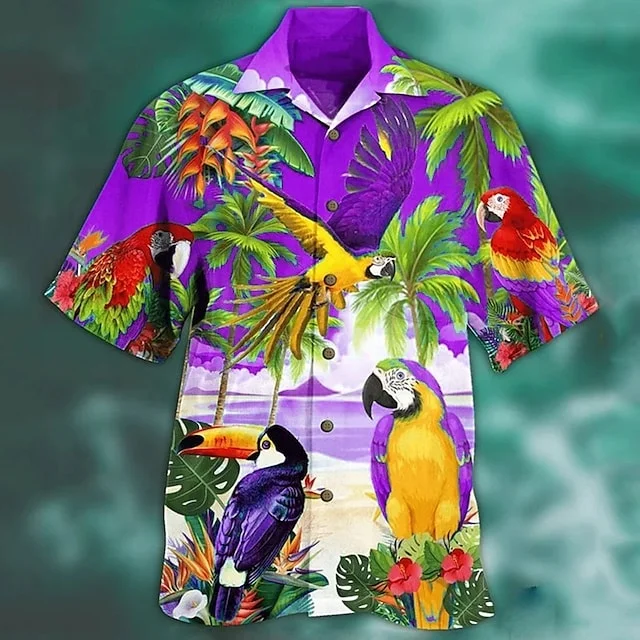 Wholesale Plus Size Hawaiian Shirts Custom Vintage T shirt 3D Printed Animal Parrot Graphic Short Sleeve Button-Down Man Top