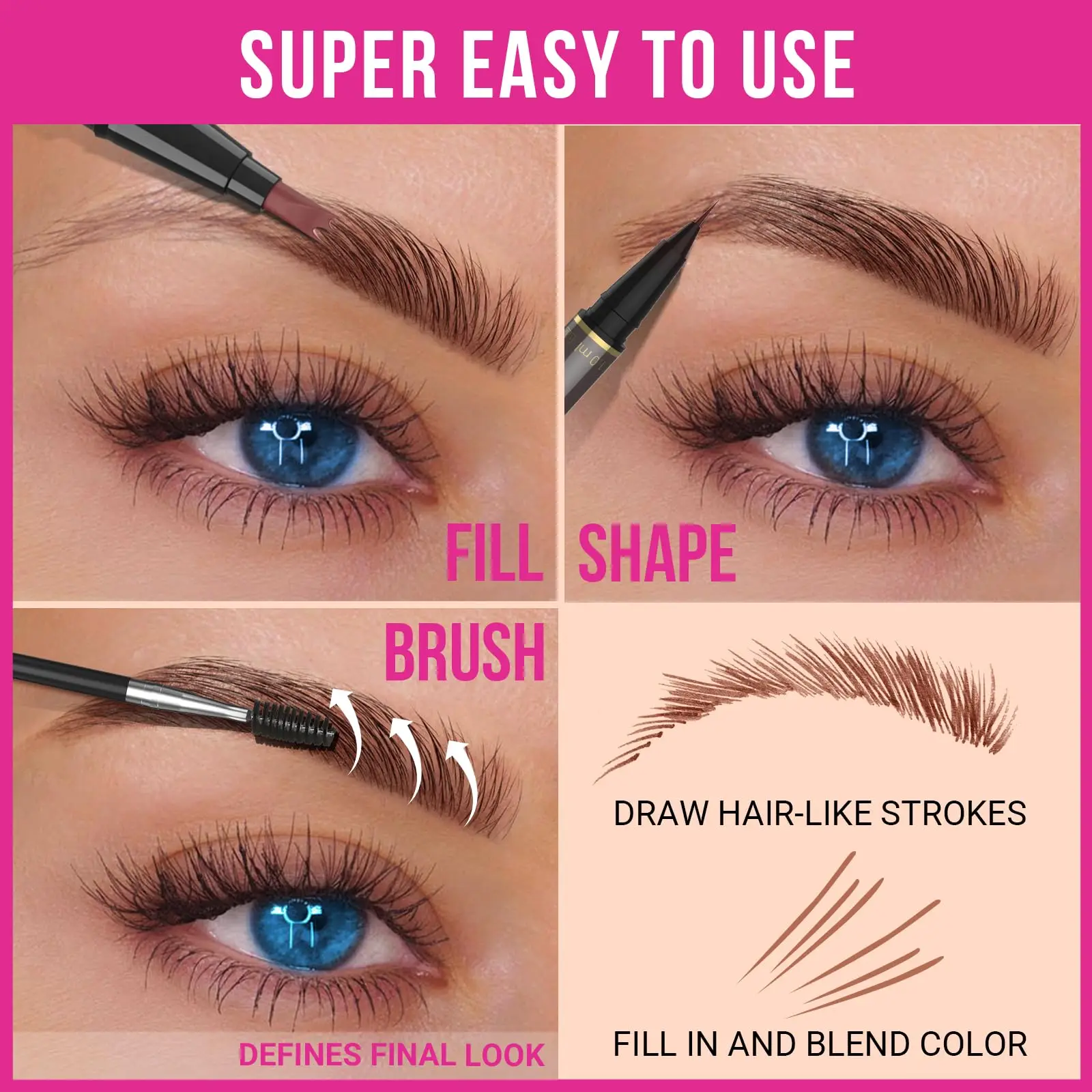 Natural-Looking Precise Brush-Tip 3-Prong Micro-Fork-Tip Applicator Brow Pencil 2-in-1 Dual-Ended Eyebrow Pen Eyebrow Pencil