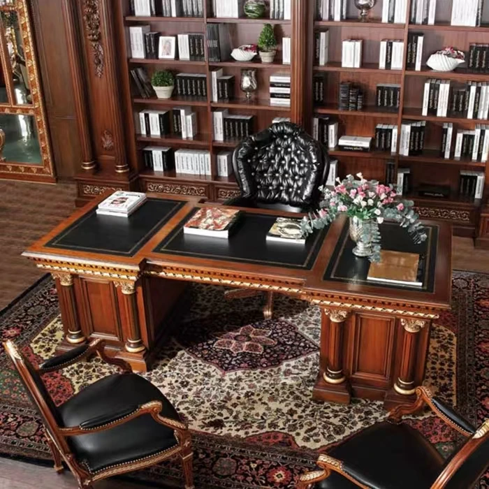 Hot selling office study room  red wood carved wooden large office executive table desk with top cow leather office chair