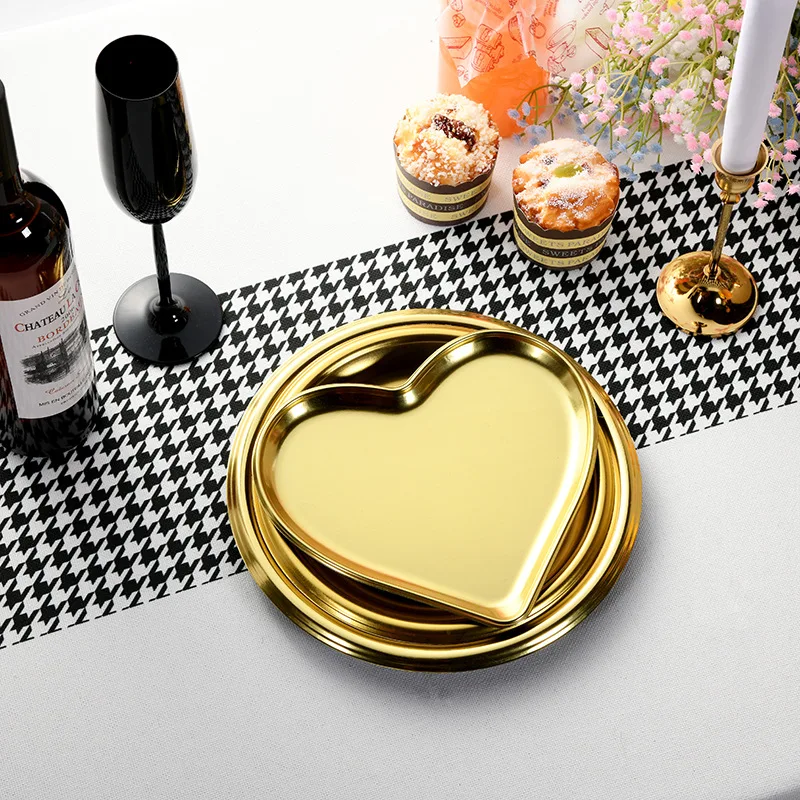 Tableware Set Wholesale Custom Logo 7 Inch/9 Inch/10 Inch Heart-Shaped Round Hotel Tray Plate Disposable Plastic Gold Dish