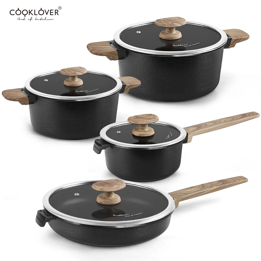 Nonstick Cookware Set Die Cast Aluminum 8-Piece Induction Pots And Pans Sets With Glass Lids for Kitchen