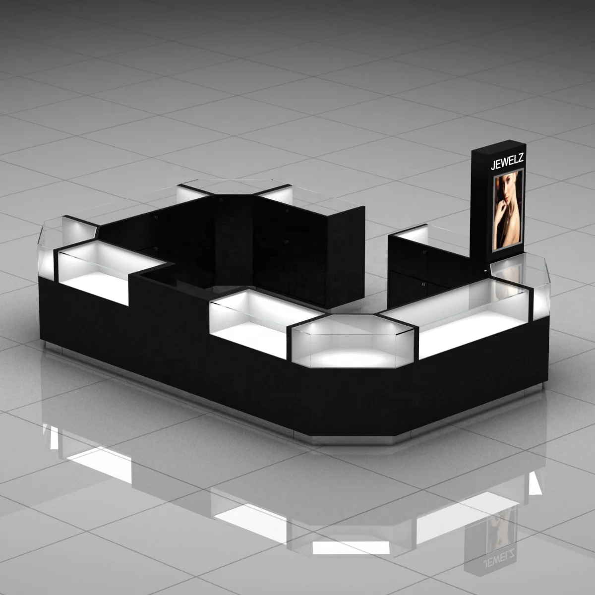 High-end Jewelry Kiosk for Mall Glass Jewelry Display Cabinet with LED Light Modern Mall Kiosk for Jewelry