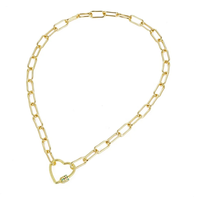 Wholesale Custom 18K Gold Plated Brass Fashion Jewelry Oval Paper Clip Chain Color Zircon Heart buckle Pendant Necklace Women