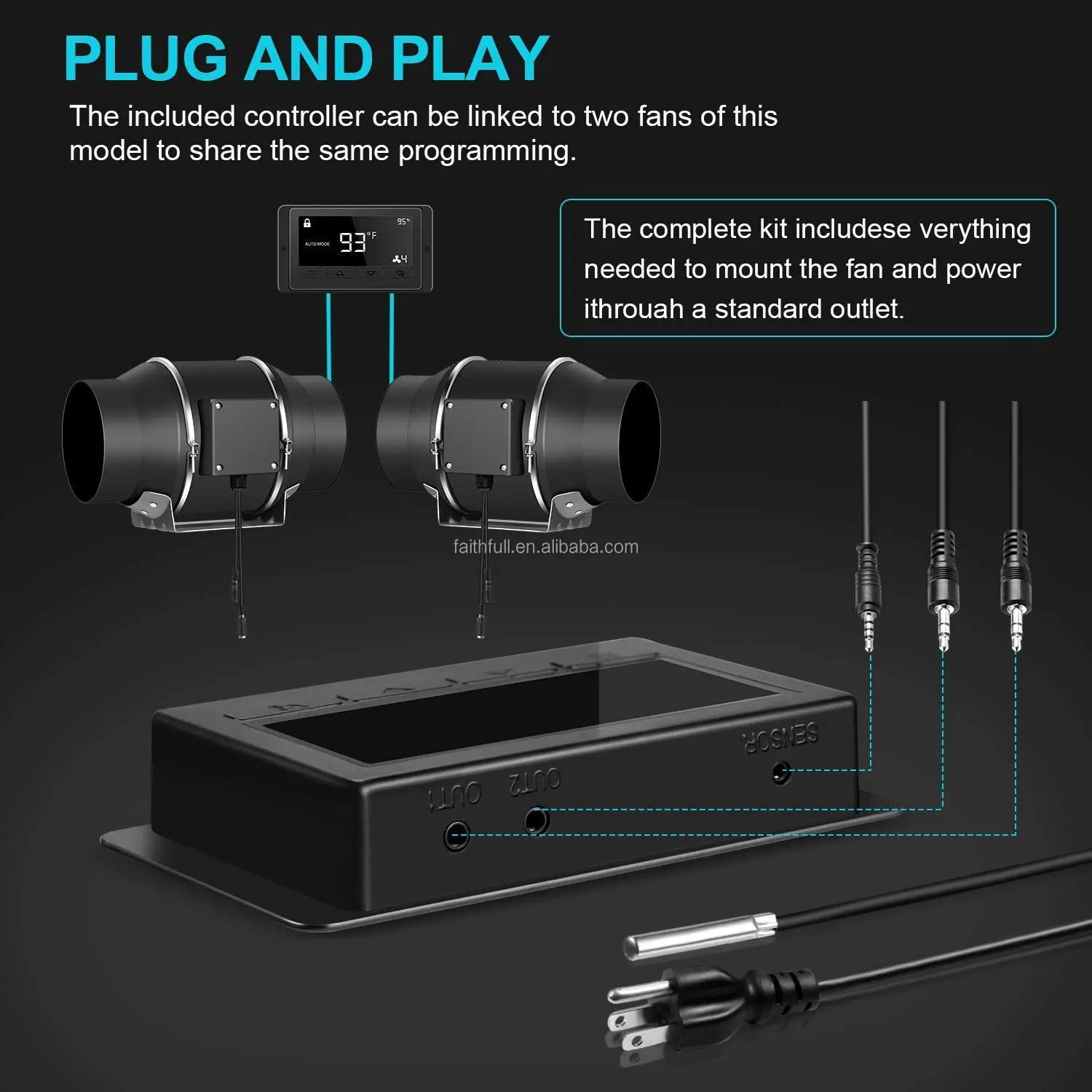 Quiet 8 inch Duct Fan with Temperature Humidity Controller - Ventilation Exhaust Fan for Grow Tents, Hydroponics