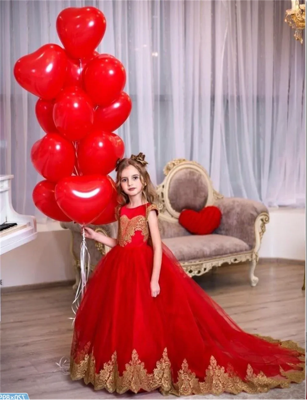 New Ball Golden Lace Tulle Red Flower Girl Dresses Long Train Wedding Customized Homecoming Guest Dress for Communion Birthday