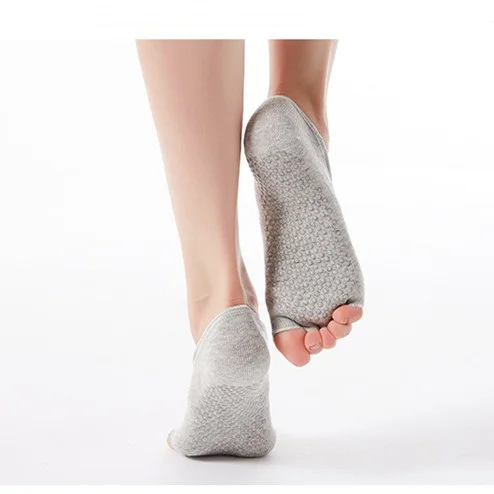 Professional Open Five-toe Pilates Yoga Socks Non-slip Silicone Grips Knitted High-crew Plaid Reformer Sporty Socks