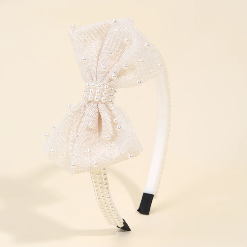 CN Fairy Organza Hair Bow Knot Hairband Full Pearl Princess Headband with Teeth Hairband for Girls