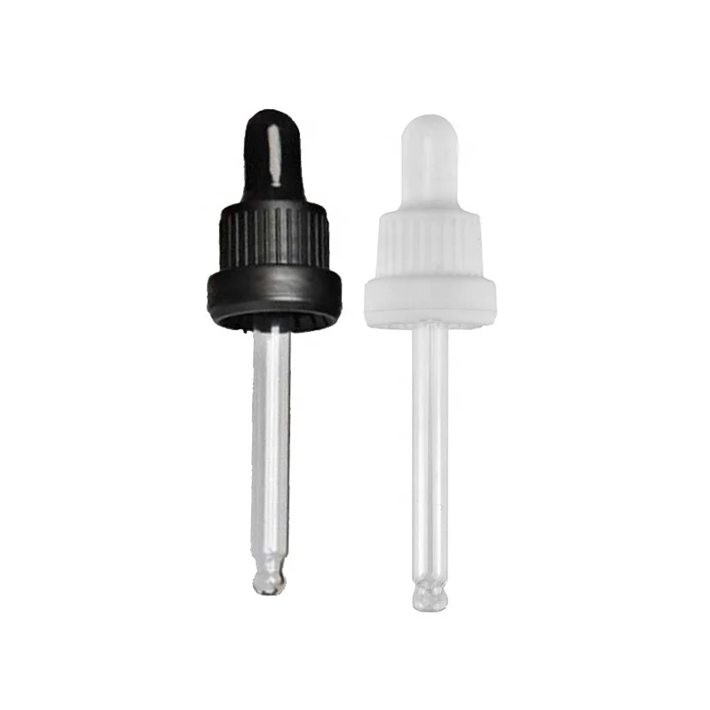 18mm black dropper tamper evident plastic dropper cap with glass pipette for essential oil bottles