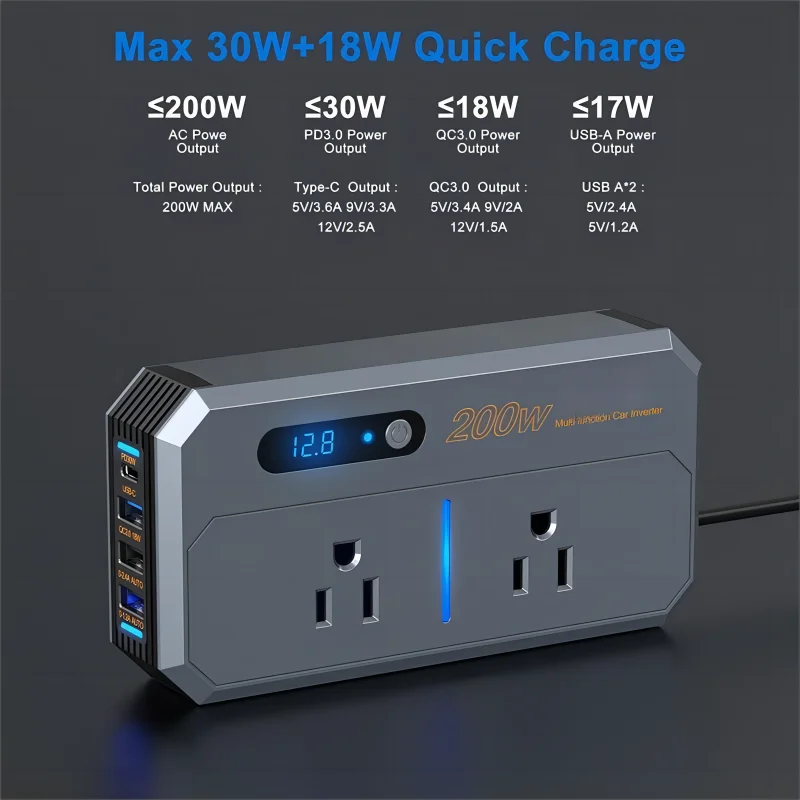 car ac adapter usb charger 200w car power inverter dc 12v to 110v ac converter truck 24v to ac power car battery power inverter