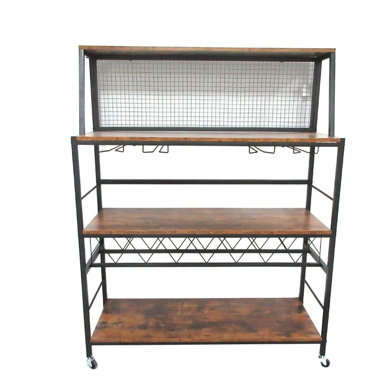 2023 hot saling OEM Kitchen Trolley Large Capacity 3-tier Storage Shelf with Wire Mesh Wine Holders