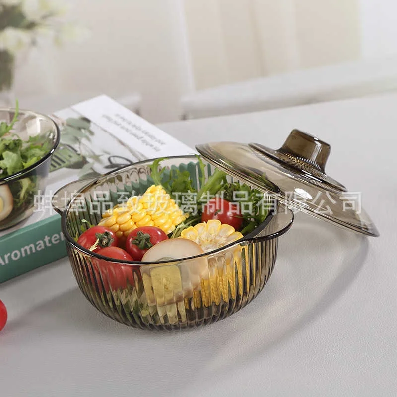 Three-piece Vertical Grain Glass Set With Lid Double Ear Glass Pot Noodles Bowl Household Dessert Salad Bowl Store Gift