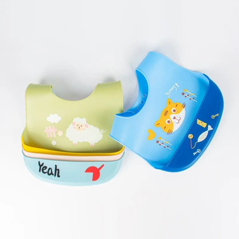 Baby Silicone Bib With Print Baby Eating Bib Children Waterproof Cartoon Adjustable Disposable Baby Feeding Bibs Food Pocket